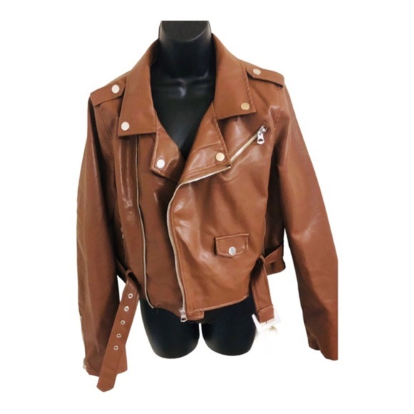 Stoosh brown leather look classic motorcycle biker rocker jacket size XL new - Picture 1 of 15